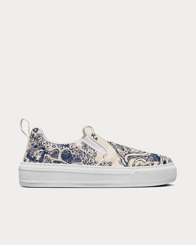 Dior Solar Blue and White Embroidered Cotton with Toile de Jouy Motif Slip On Sneakers