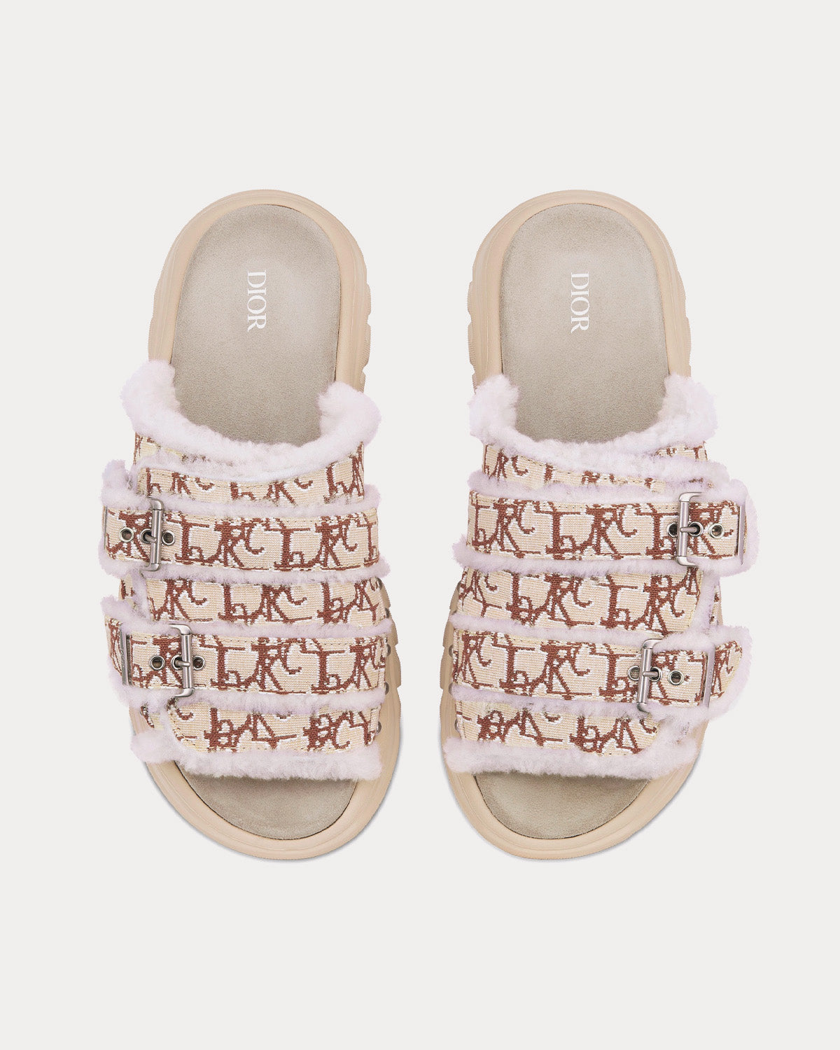 Dior x Travis Scott H-Town 'Cactus Jack' Cream Oblique Jacquard and White Shearling Sandals - 2