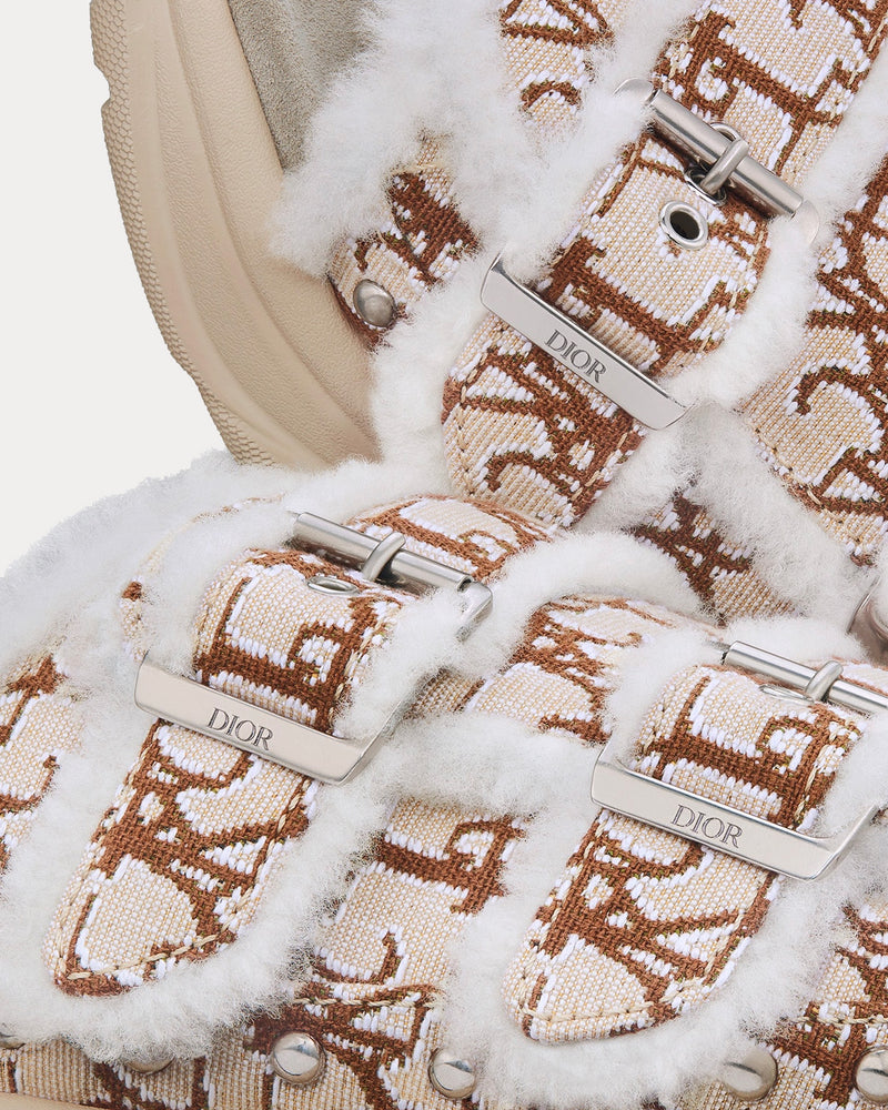 Dior x Travis Scott H-Town 'Cactus Jack' Cream Oblique Jacquard and White Shearling Sandals - 5