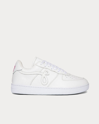 John Geiger GF-01 White Pebbled Leather / Pink Embroidery Low Top Sneakers