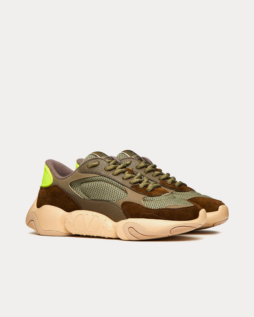 Valentino Garavani Bubbleback Mesh & Suede Amy Green / Brown / Neon Yellow Low Top Sneakers - 3