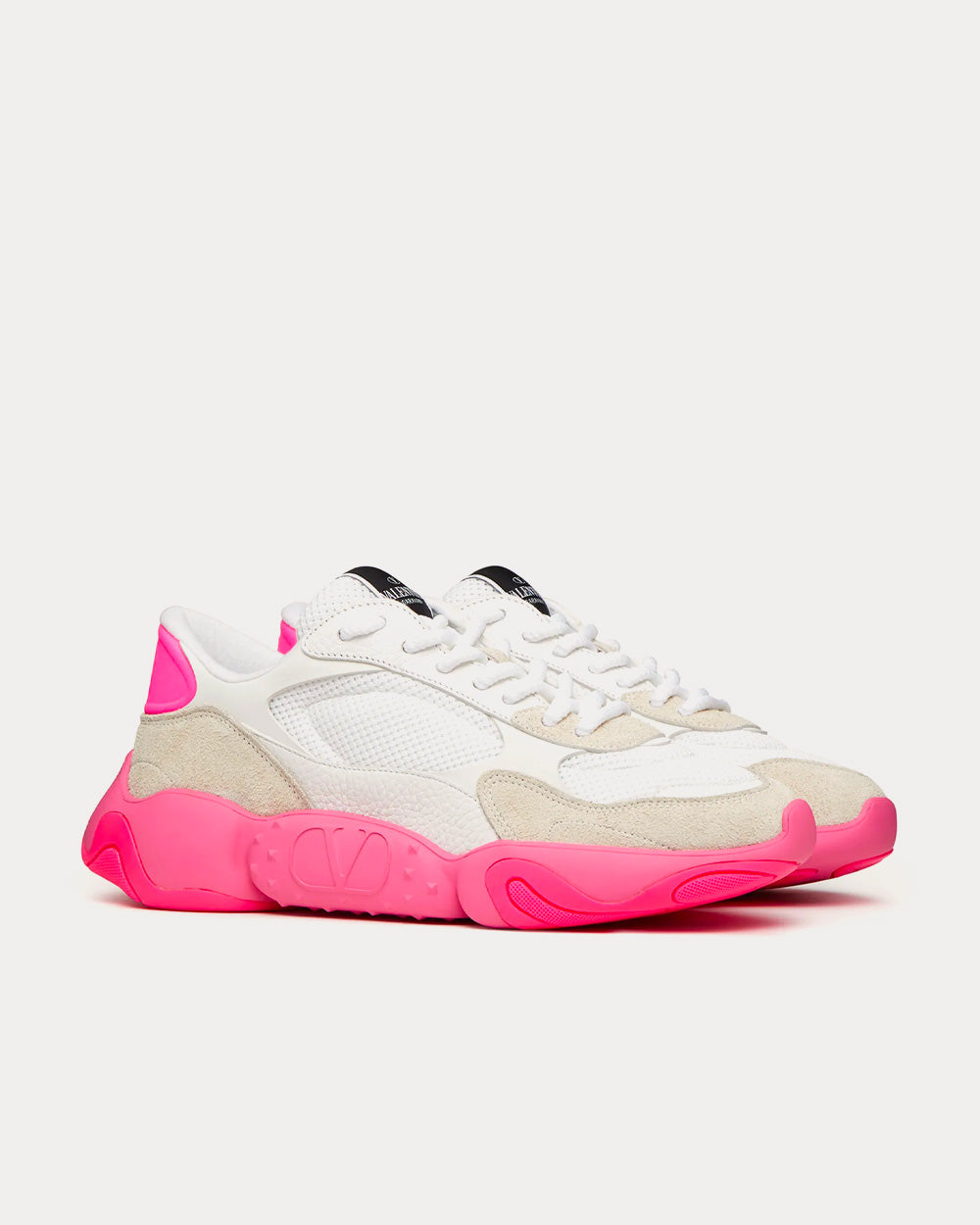 Valentino Garavani Bubbleback Mesh & Suede White / Ice / Neon Pink Low Top Sneakers - 3