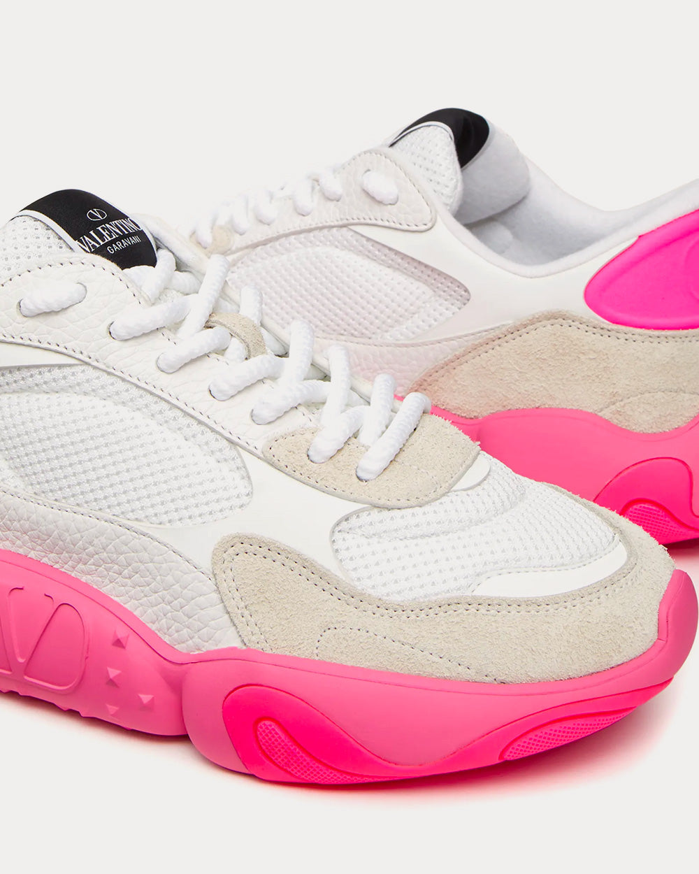 Valentino Garavani Bubbleback Mesh & Suede White / Ice / Neon Pink Low Top Sneakers - 5