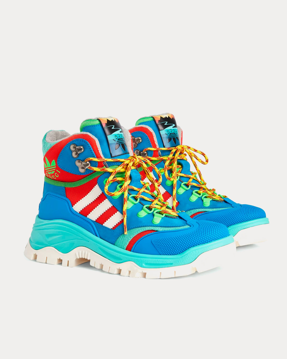 Adidas x Gucci Lace-Up Technical Canvas Light Green / Blue / Red High Top Sneakers - 3