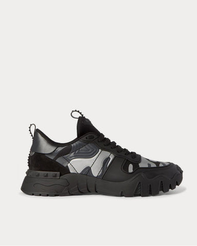 Valentino Rockrunner Plus Camouflage-Print Rubber, Suede and Canvas  Black low top sneakers