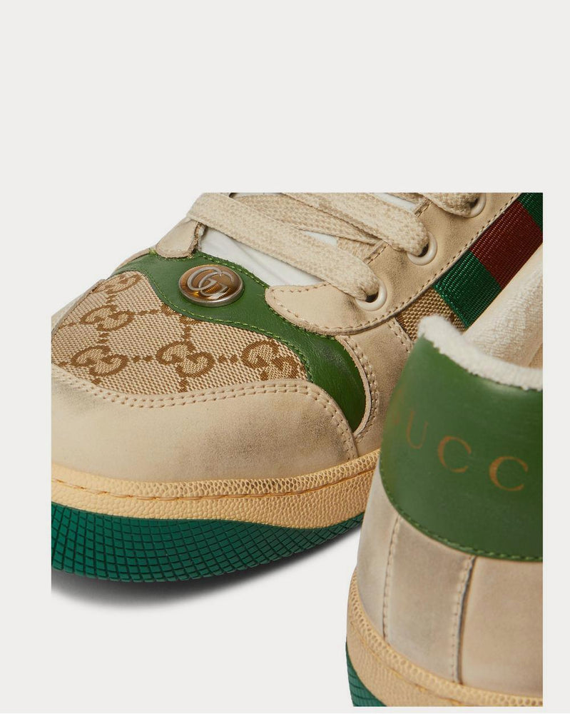 Gucci Screener Monogrammed Canvas and Webbing-Trimmed Distressed Leather  Brown low top sneakers - 4