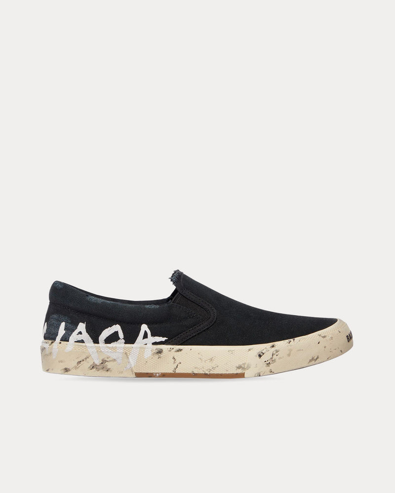 Balenciaga Paris Destroyed Cotton Graffiti Black Slip On Sneakers - 1