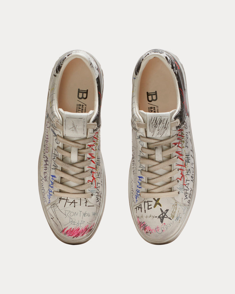 Balmain B-Court Leather Graffiti Print White Low Top Sneakers - 2