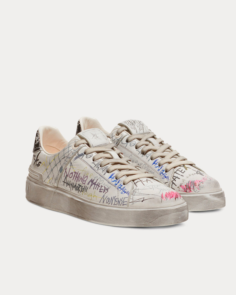 Balmain B-Court Leather Graffiti Print White Low Top Sneakers - 3