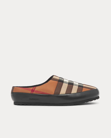 Burberry Check Nylon and Lambskin Slippers Birch Brown Slip Ons