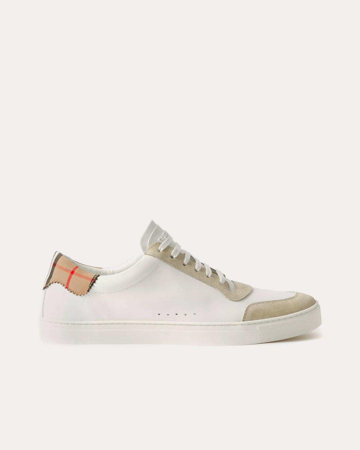 Burberry Leather, Suede & Check Cotton Neutral White Low Top Sneakers - 1