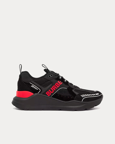 Burberry Logo Print Suede & Mesh Black / Bright Red Low Top Sneakers