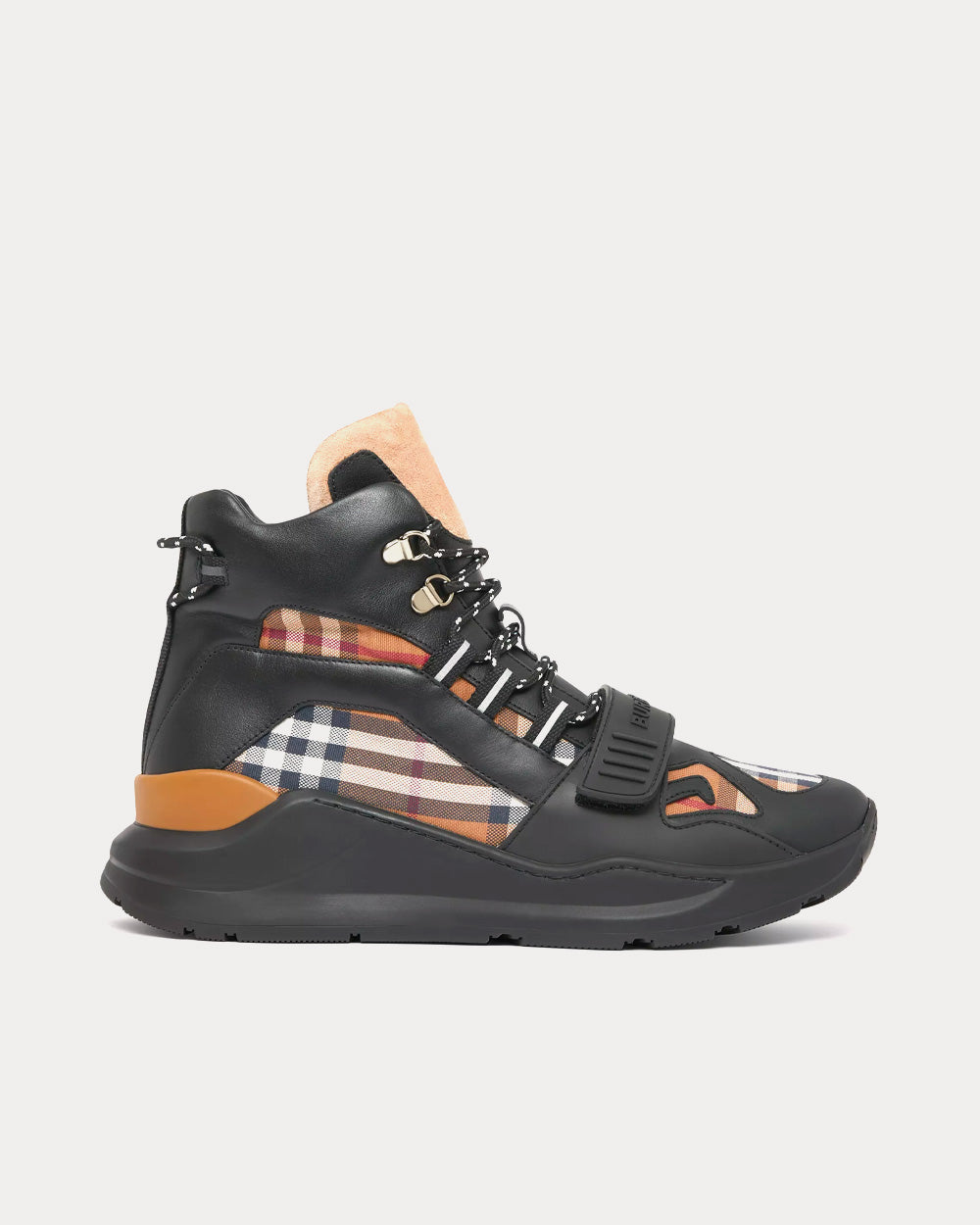 Burberry Check Cotton and Leather Birch Brown High Top Sneakers - 1