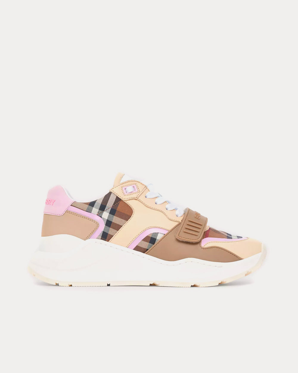 Burberry Check Cotton and Leather Birch Brown / Pink Low Top Sneakers - 1