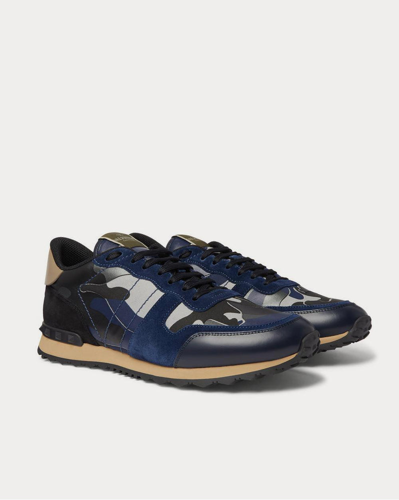 Valentino Rockrunner Camouflage Suede and Leather-Trimmed Canvas  Blue low top sneakers - 2