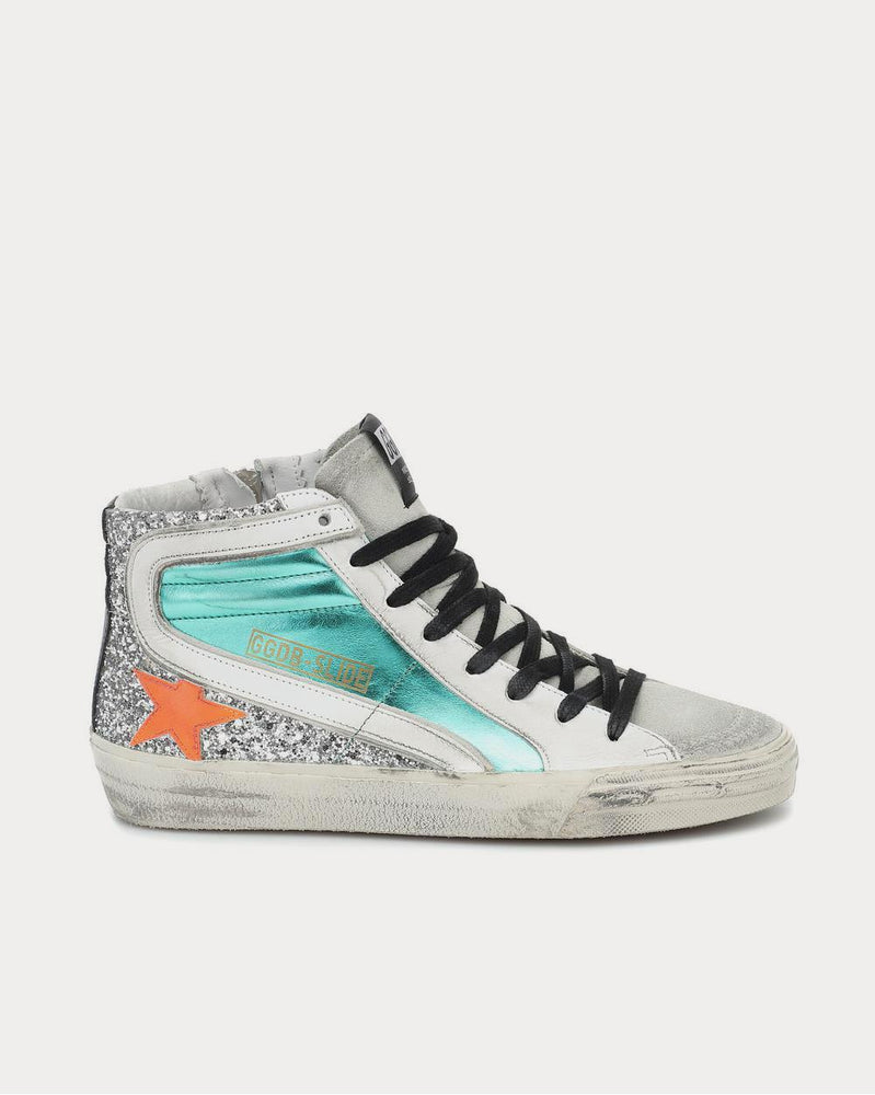 Golden Goose Slide metallic leather Aquamarine High Top Sneakers - 1