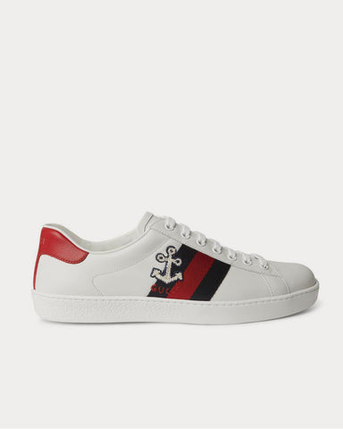 Gucci Ace Webbing-Trimmed Embroidered Leather  White low top sneakers