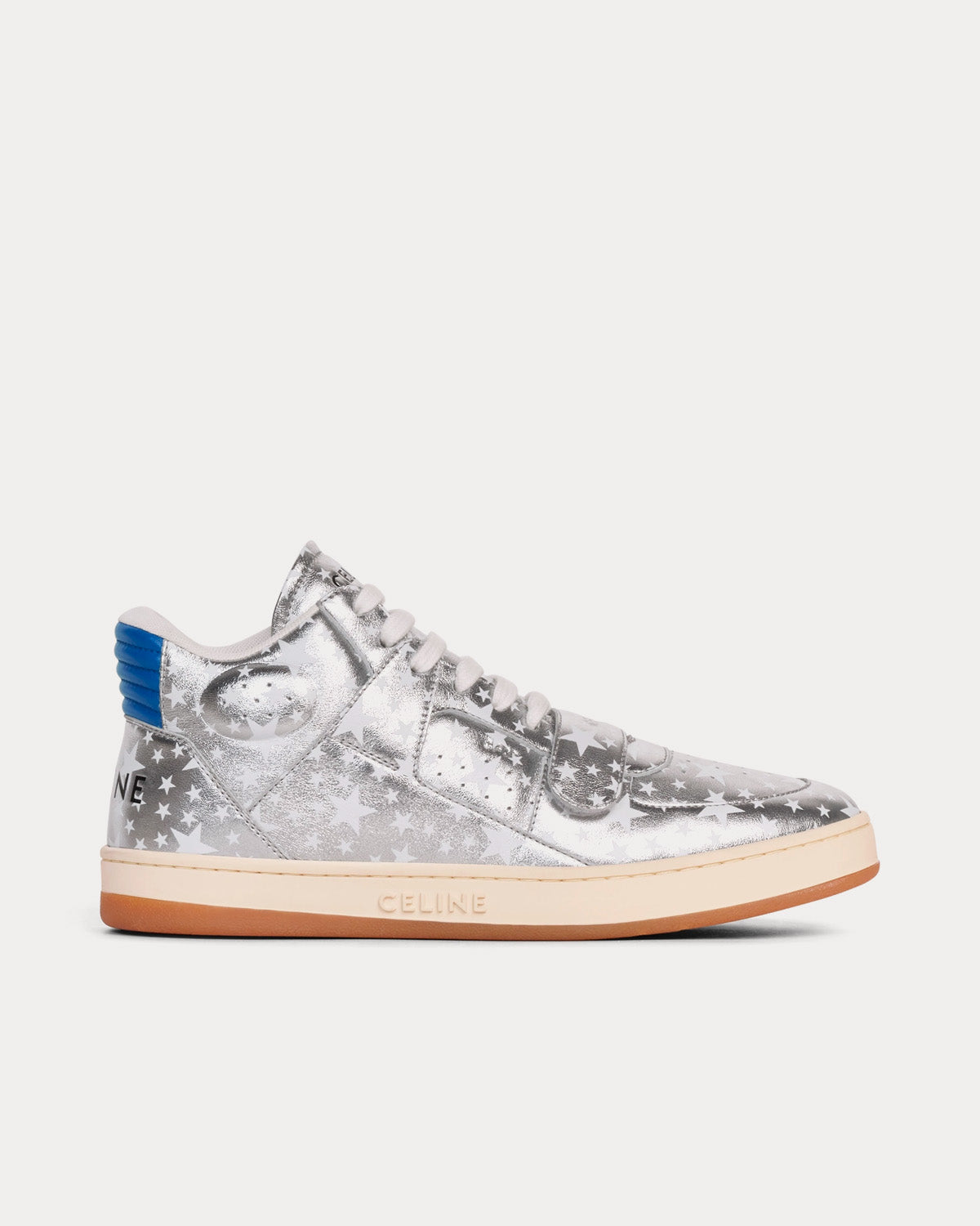 Celine CT-02 Scratch in Star Printed Metalic Silver / Blue Mid Top Sneakers - 1