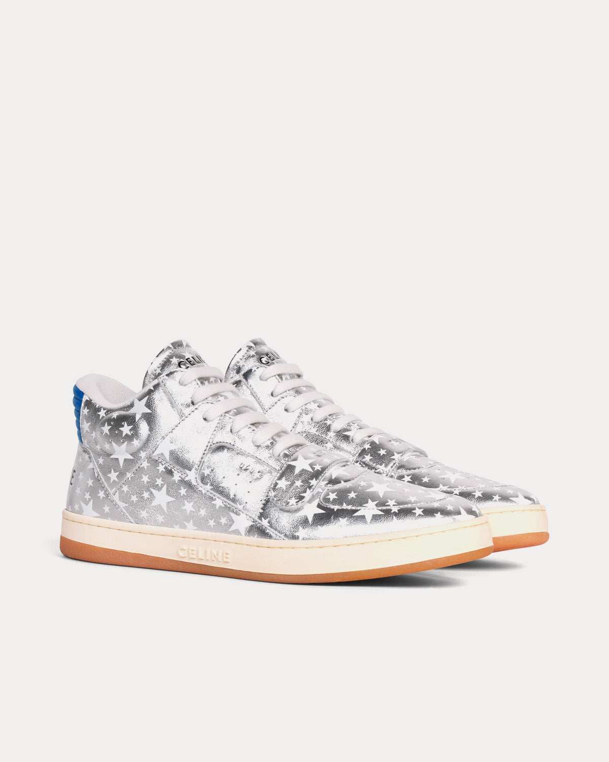 Celine CT-02 Scratch in Star Printed Metalic Silver / Blue Mid Top Sneakers - 2