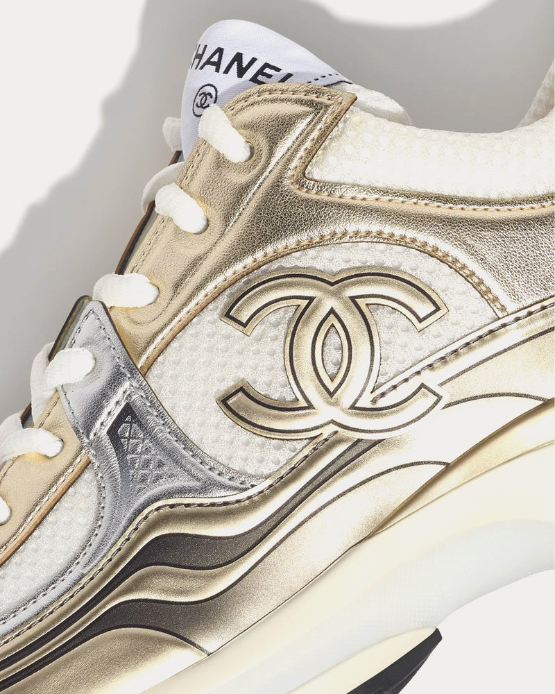 Chanel Fabric & Laminated White, Gold & Silver Low Top Sneakers - 2