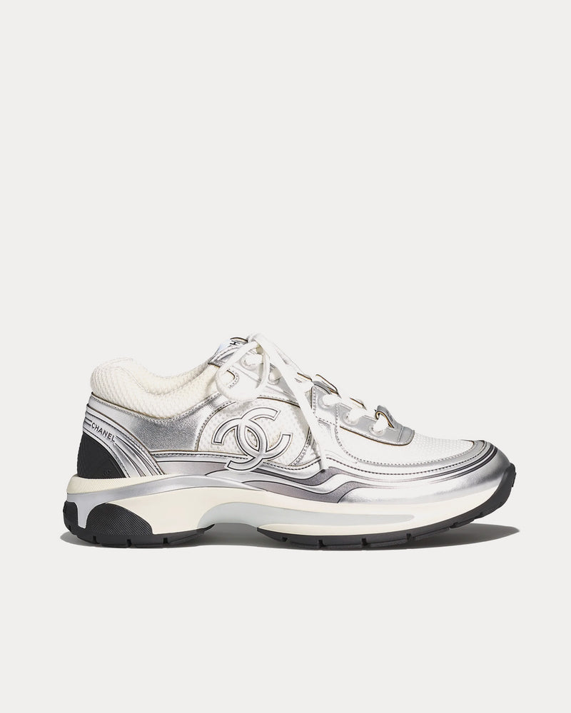 Chanel Fabric & Laminated White & Silver Low Top Sneakers - 1