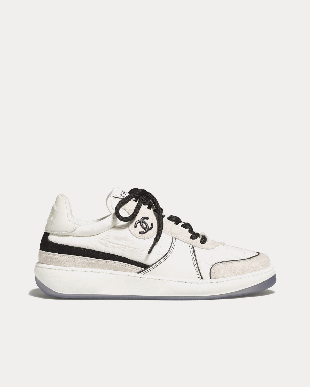 Chanel Fabric, Suede Calfskin & Calfskin White / Light Grey Low Top Sneakers - 1