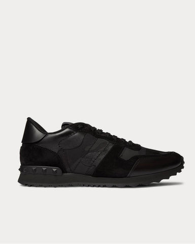 Valentino Rockrunner Camouflage-Print Canvas, Leather and Suede  Black low top sneakers