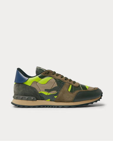 Valentino Rockrunner Camouflage-Print Canvas, Suede and Leather  Army green low top sneakers