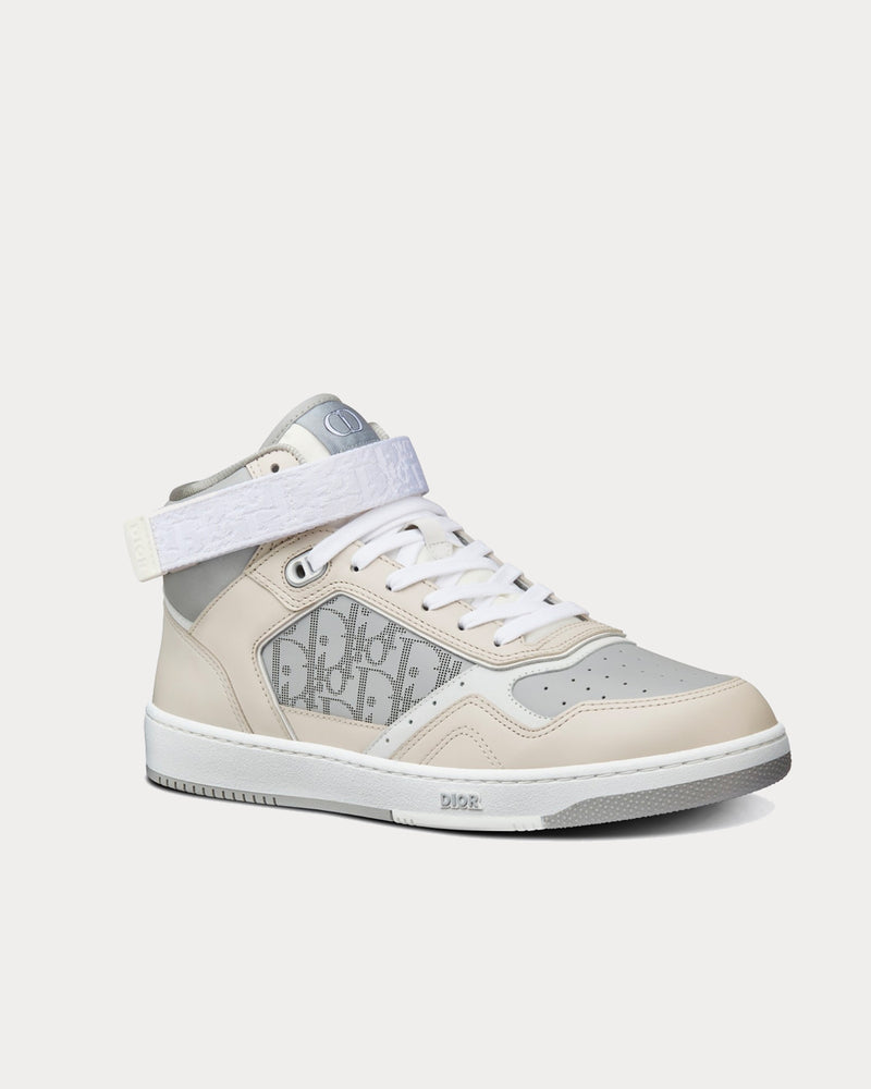 Dior B27 Gray and Beige Smooth Calfskin with Gray Dior Oblique Galaxy Leather High Top Sneakers - 2