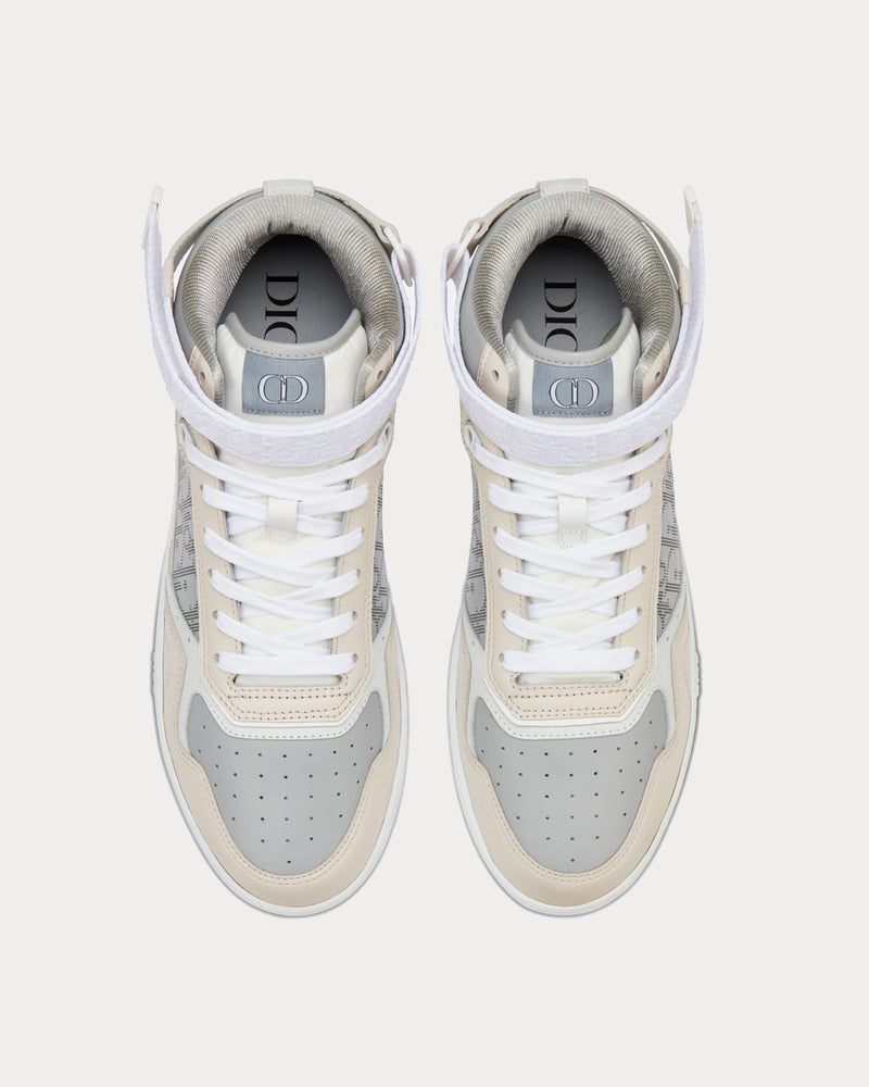 Dior B27 Gray and Beige Smooth Calfskin with Gray Dior Oblique Galaxy Leather High Top Sneakers - 4