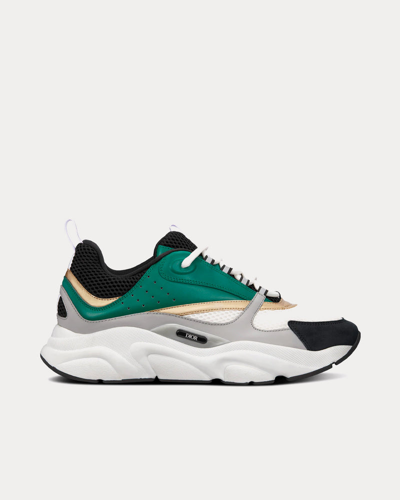 Dior B22 White and Black Technical Mesh with Green, White and Gold-Tone Calfskin Low Top Sneakers - 1