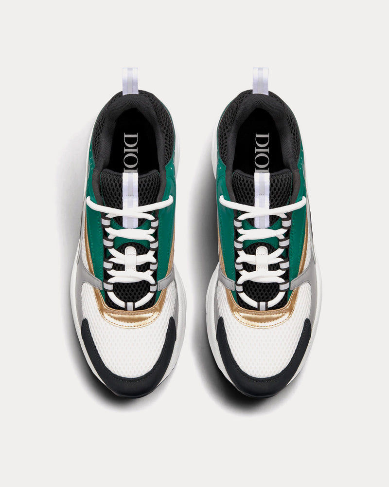 Dior B22 White and Black Technical Mesh with Green, White and Gold-Tone Calfskin Low Top Sneakers - 2