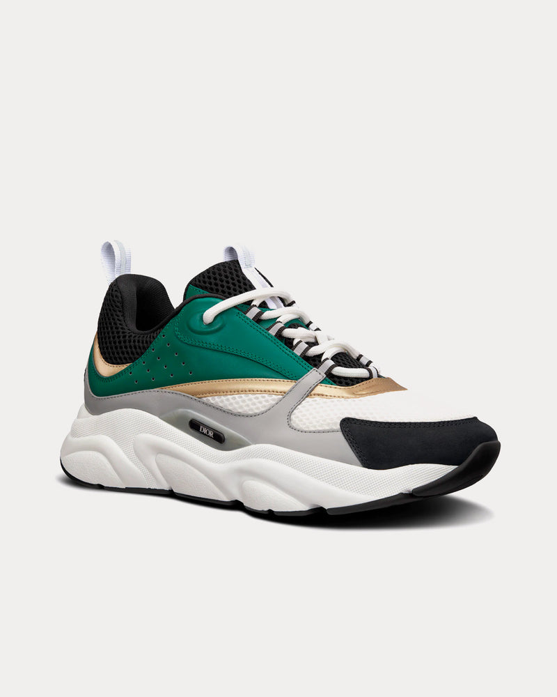 Dior B22 White and Black Technical Mesh with Green, White and Gold-Tone Calfskin Low Top Sneakers - 3