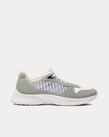 Dior B25 Gray Suede and White Technical Mesh with Blue and White Dior Oblique Canvas Low Top Sneakers