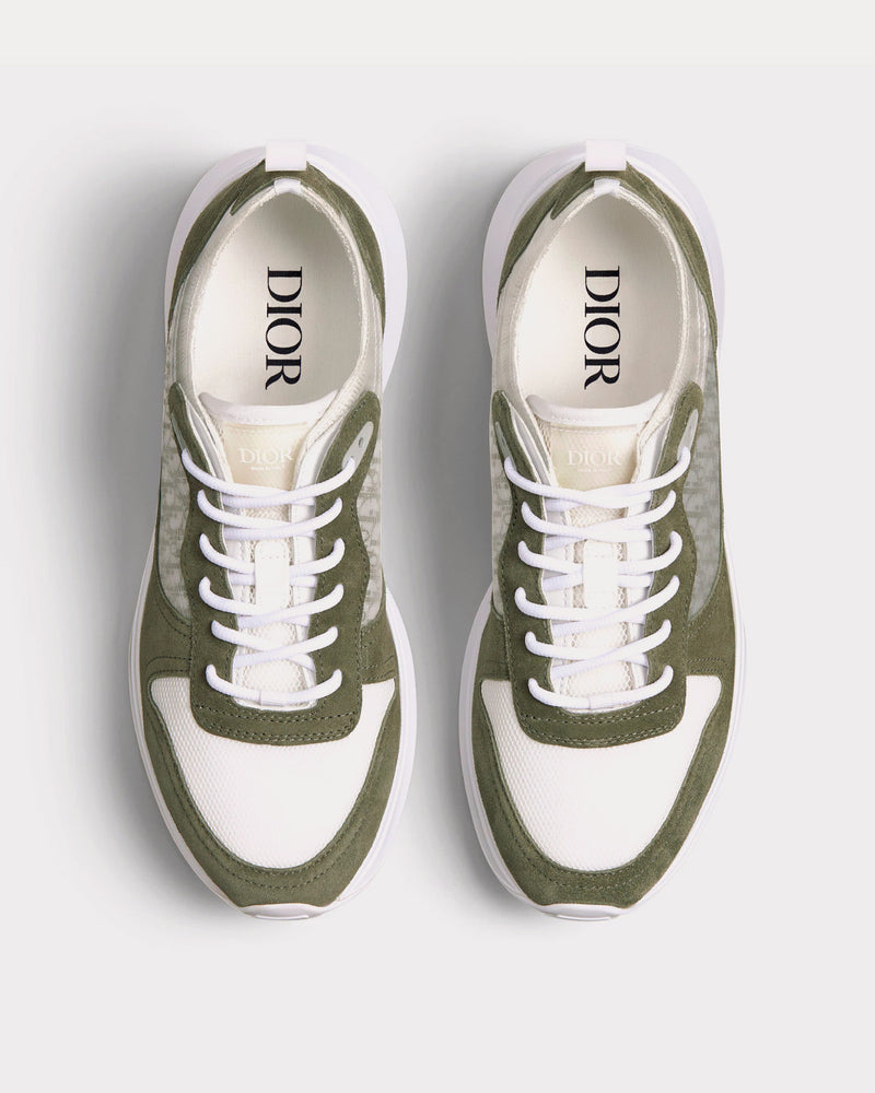 Dior B25 Runner Olive Suede and White Technical Mesh with Olive and White Dior Oblique Canvas Low Top Sneakers - 2