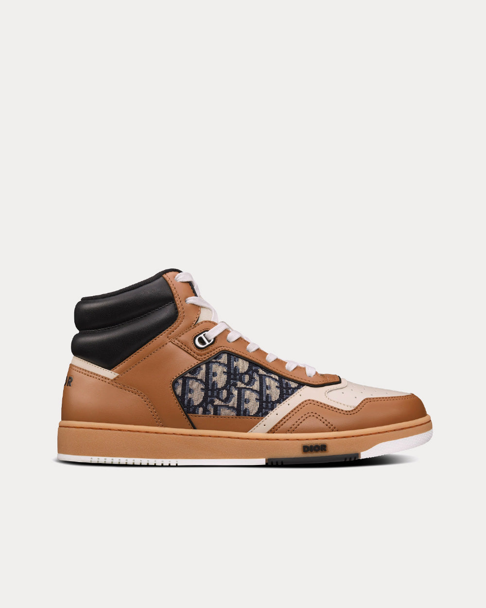 Dior B27 Coffee, Cream and Black Smooth Calfskin with Beige and Black Dior Oblique Jacquard High Top Sneakers - 1