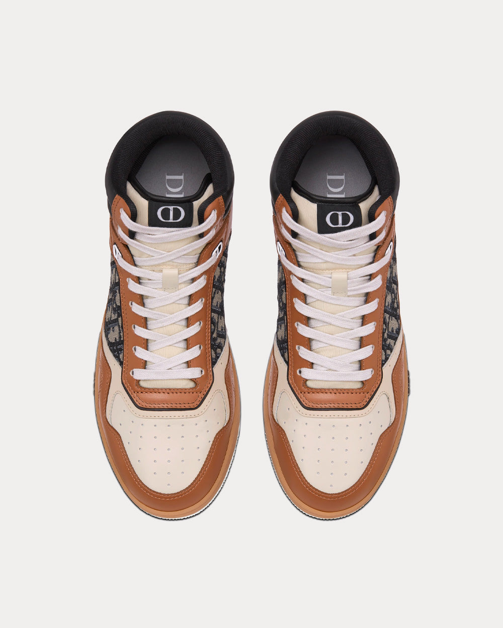 Dior B27 Coffee, Cream and Black Smooth Calfskin with Beige and Black Dior Oblique Jacquard High Top Sneakers - 2