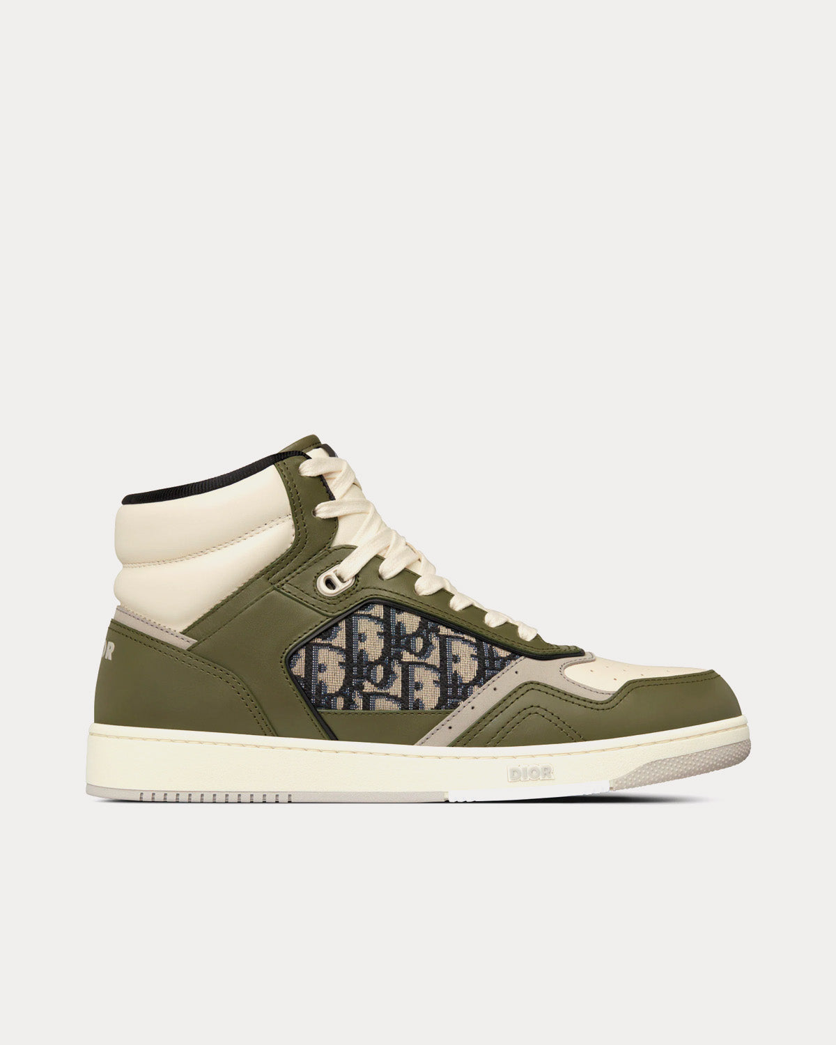 Dior B27 Olive and Cream Smooth Calfskin with Beige and Black Dior Oblique Jacquard High Top Sneakers - 1