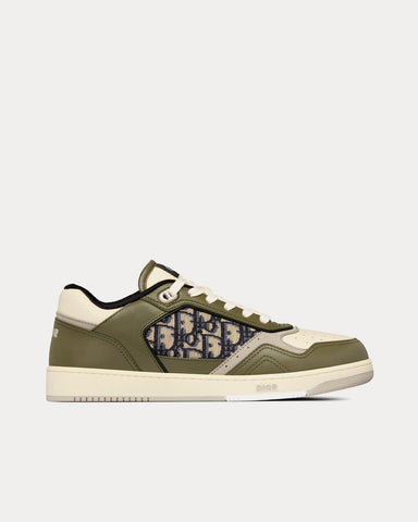 Dior B27 Olive and Cream Smooth Calfskin with Beige and Black Dior Oblique Jacquard Low Top Sneakers