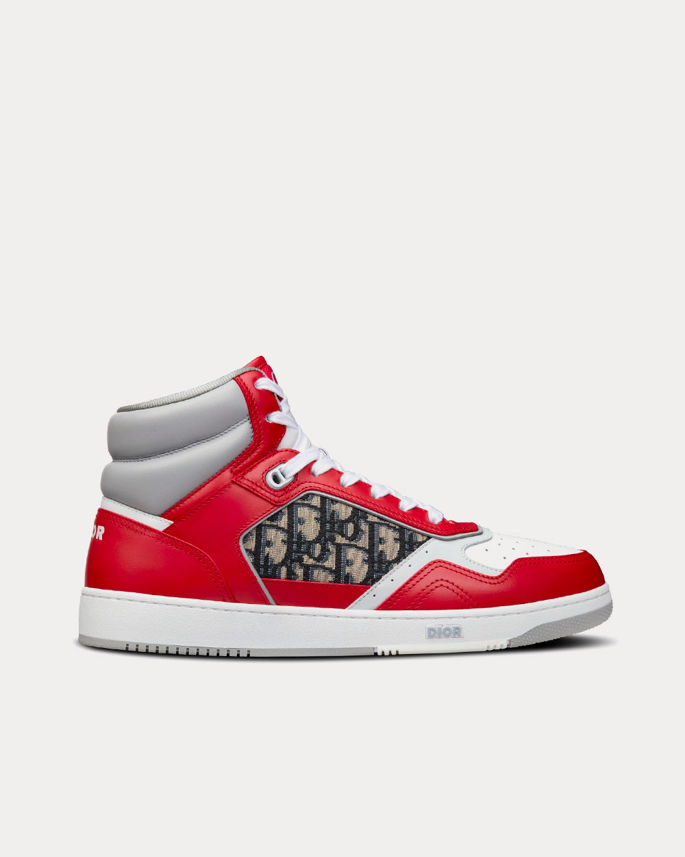 Dior B27 Red, Gray and White Smooth Calfskin with Beige and Black Dior Oblique Jacquard High Top Sneakers - 1