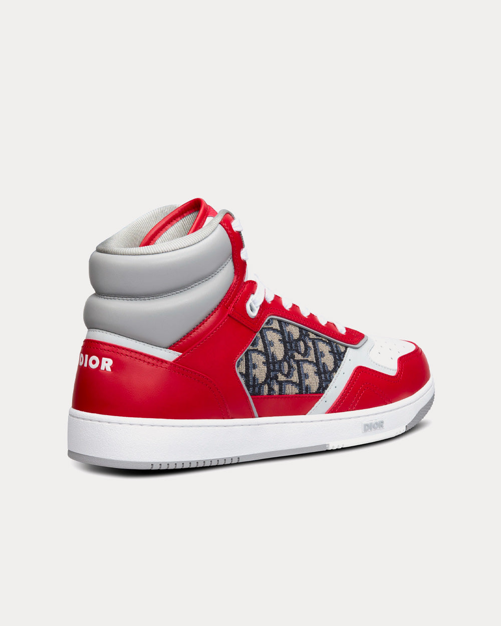 Dior B27 Red, Gray and White Smooth Calfskin with Beige and Black Dior Oblique Jacquard High Top Sneakers - 4