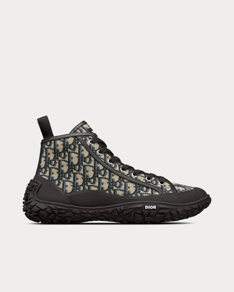 Dior B28 Beige and Black Dior Oblique Jacquard and Black Rubber High Top Sneakers - 1