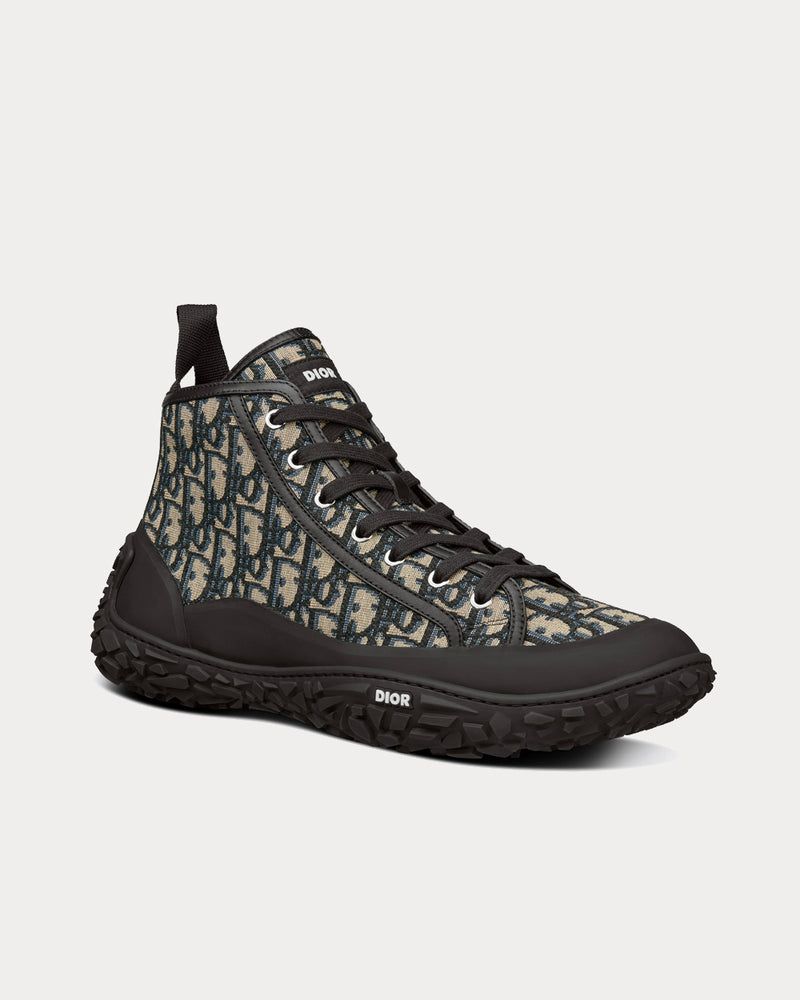 Dior B28 Beige and Black Dior Oblique Jacquard and Black Rubber High Top Sneakers - 2