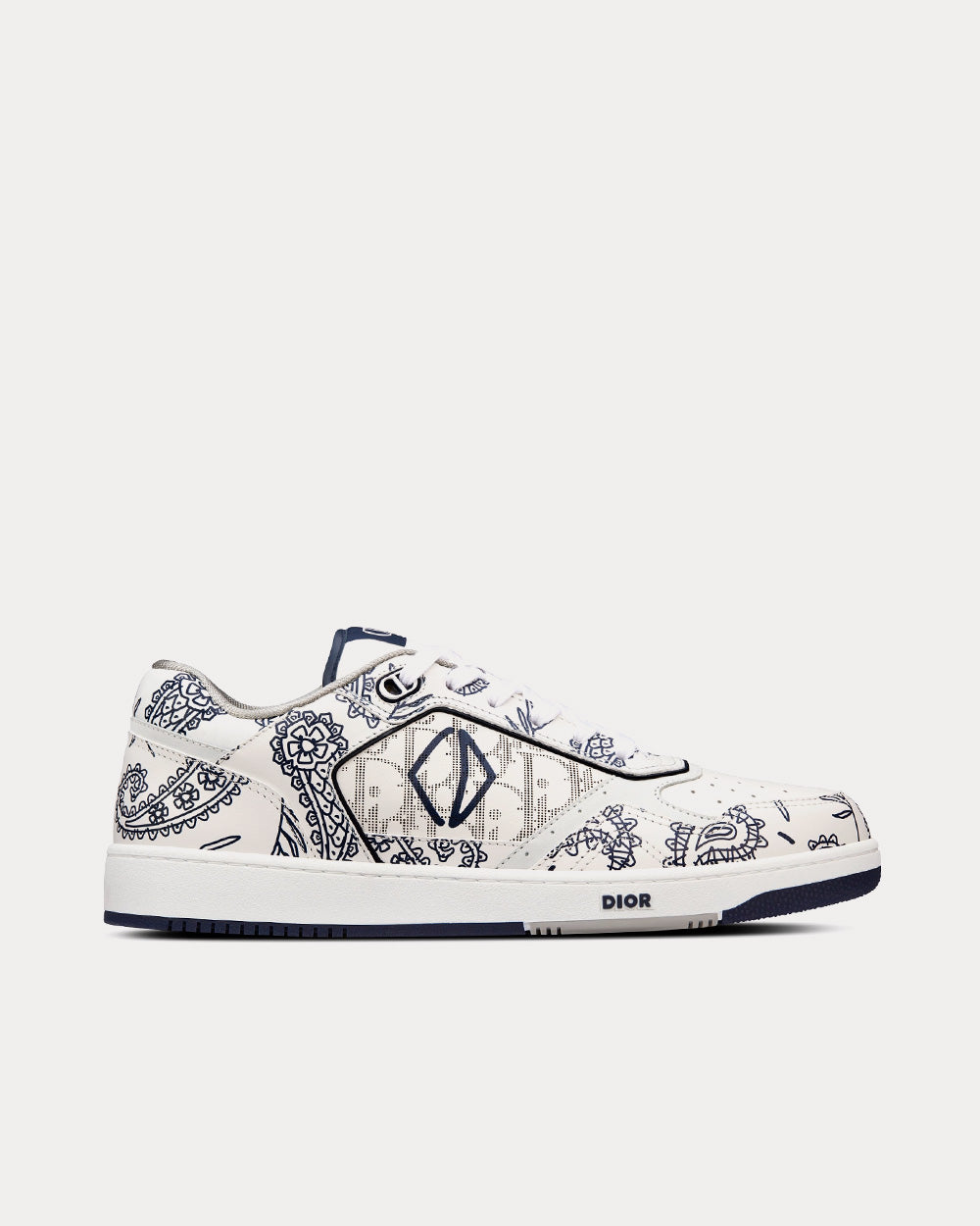 Dior B27 White Smooth Calfskin with Navy Blue CD Paisley Motif and White Dior Oblique Galaxy Leather Low Top Sneakers - 1