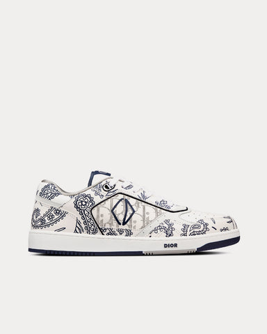 Dior B27 White Smooth Calfskin with Navy Blue CD Paisley Motif and White Dior Oblique Galaxy Leather Low Top Sneakers