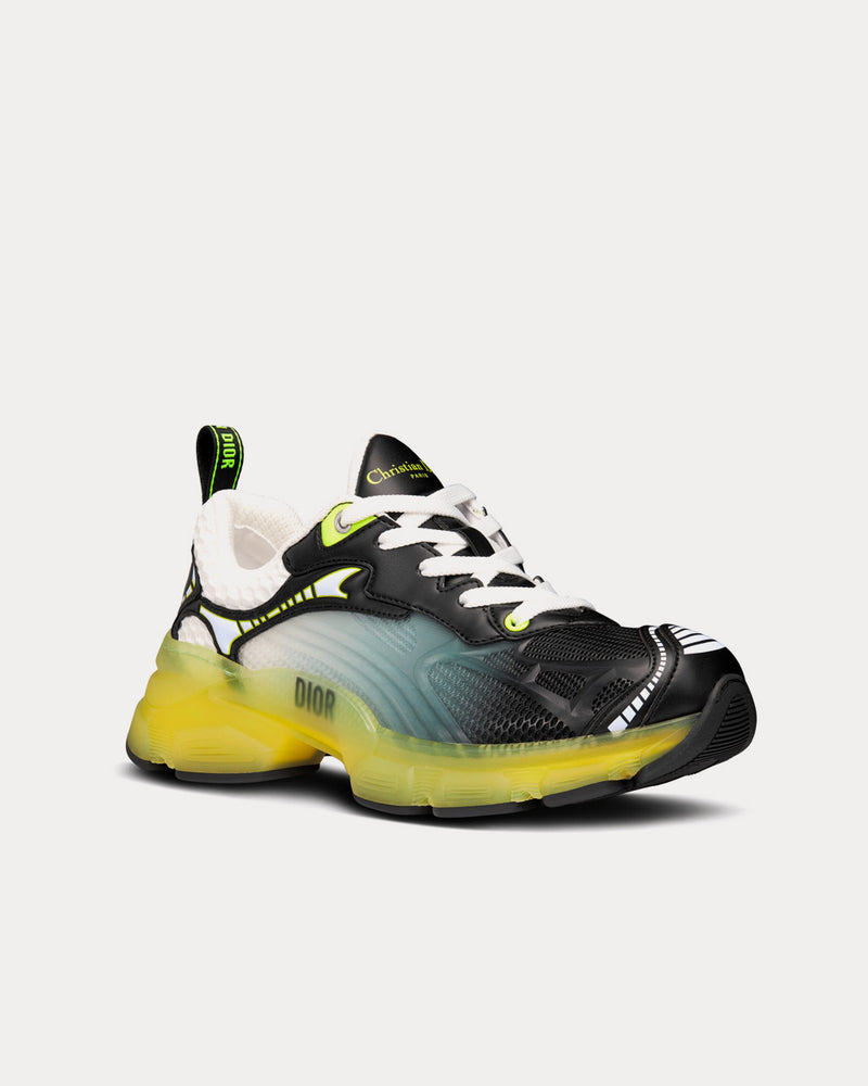 Dior Vibe White Mesh and Black Calfskin with Fluorescent Yellow Rubber Low Top Sneakers - 3