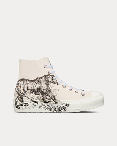 Dior Walk'n'Dior White Cotton Canvas with Black Toile de Jouy Tiger Print High Top Sneakers