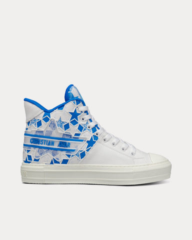 Dior Walk'n'Dior Star Bright Blue and White Calfskin and Technical Fabric with Dior Étoile Motif High Top Sneakers