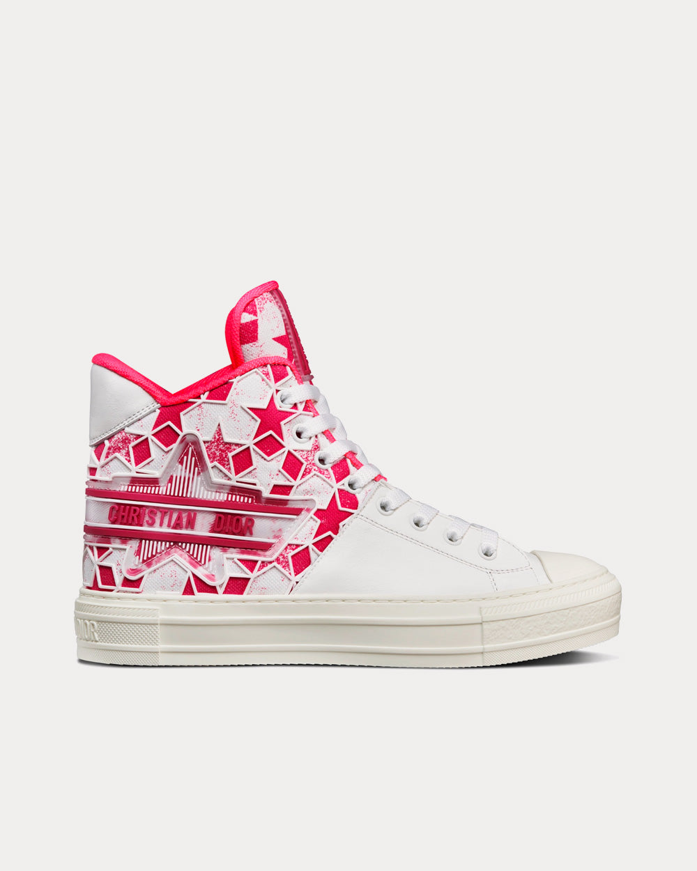 Dior Walk'n'Dior Star Bright Pink and White Calfskin and Technical Fabric with Dior Étoile Motif High Top Sneakers - 1