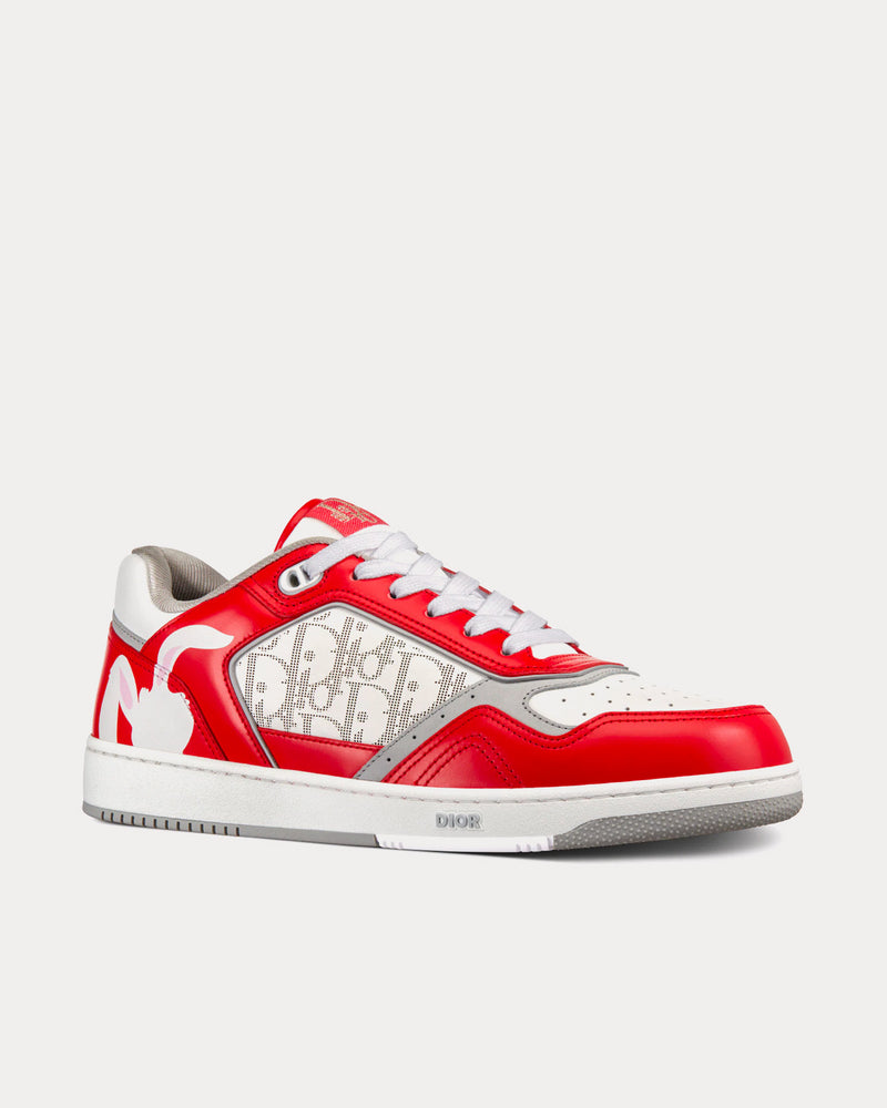 Dior x ERL B27 Red and White Smooth Calfskin and White Dior Oblique Galaxy Leather with Rabbit Motif Low Top Sneakers - 3